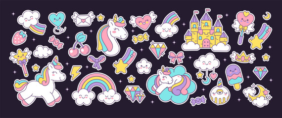 Cute unicorns. Rainbow elements stickers. Cartoon funny baby pony. Kids little horse with wings, magic castle, clouds, dessert. Happy Birthday princess print. Vector set © Foxy Fox