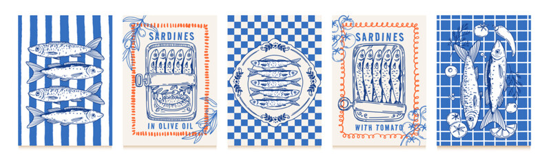 Sardines. Poster with seafood elements. Mediterranean fish on plate, sardine with olive oil, tomatoes, lemons, chili peppers. Italy food on banner for cafe menu. Vector set
