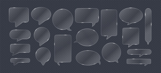 Glass speech button. Translucent speech bubble. Transparent glassmorphism UI UX frame, text and dialogue box. Glass elements for interface menu. Vector set