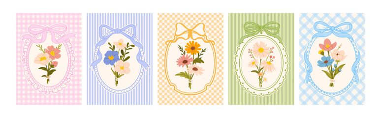 Vintage poster with flower. Retro coquette frame. Wedding invitation, birthday card, Mothers Day frames with elegant girly bow, ribbon, flowers, lace border. Vector set