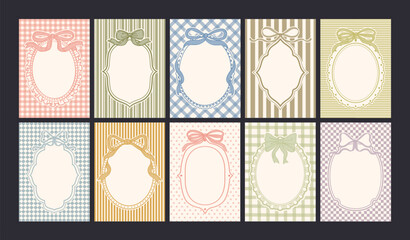 Fototapeta na wymiar Vintage bow frame. Retro pattern background with ribbon border. Hand drawn decorative coquette lace empty frames for poster, card, invitation. Vector collection