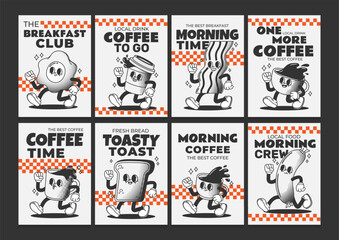 Breakfast character. Retro brunch food poster. Vintage background with cute egg, bacon, coffee, sausage, bread, drink mug. Groovy comic walking food, drink mascot. Vector set