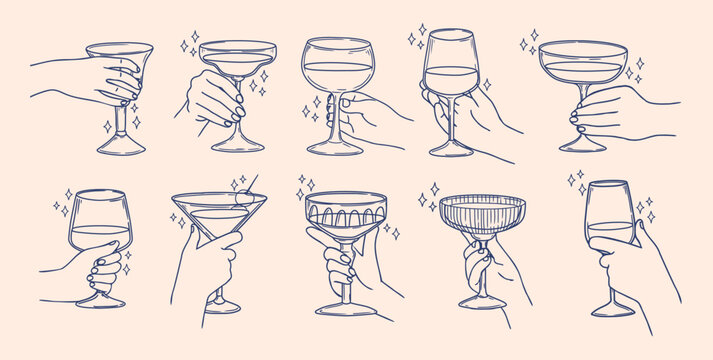 Hands with drink. Hand holding cocktail. Hand drawn glass with different shapes for martini, margarita. Party cocktails in glasses. Sketch beverage for poster. Vector set