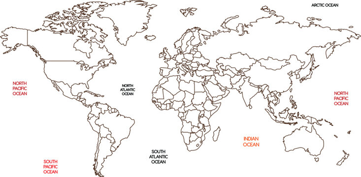 World Map Outline with Country Borders and Major City Labels