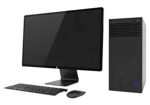 Modern black desktop computer setup isolated on transparent background