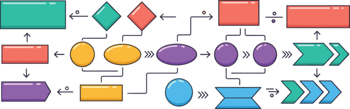 Colorful business flowchart vector elements with arrows and geometric shapes for process mapping project management and organizational diagram design