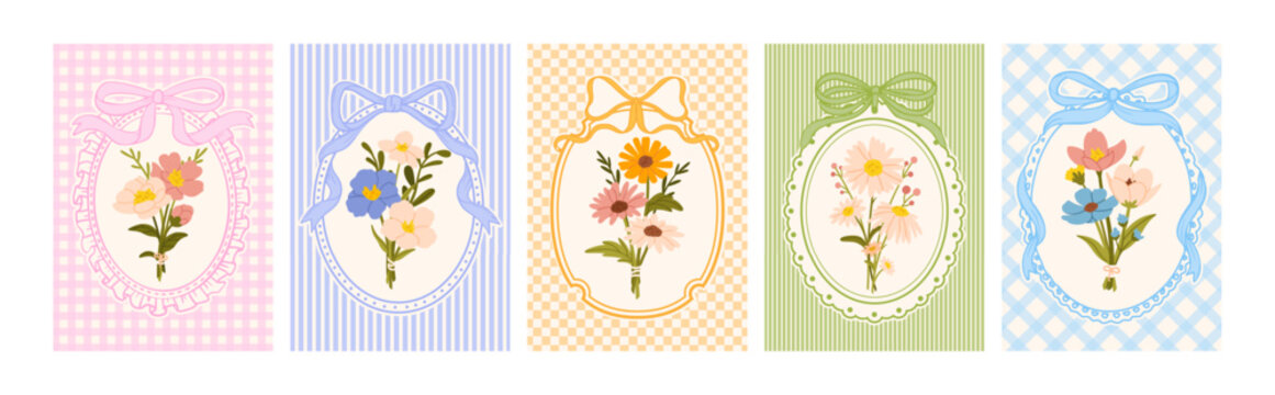 Vintage poster with flower. Retro coquette frame. Wedding invitation, birthday card, Mothers Day frames with elegant girly bow, ribbon, flowers, lace border. Vector set