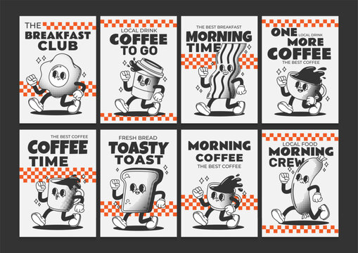 Breakfast character. Retro brunch food poster. Vintage background with cute egg, bacon, coffee, sausage, bread, drink mug. Groovy comic walking food, drink mascot. Vector set
