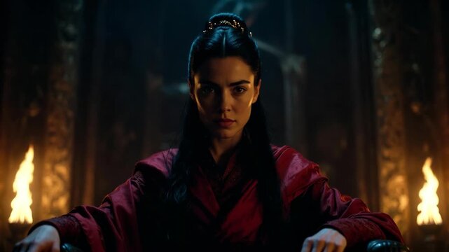 A woman seated in ornate chamber, cinematic style, against dark torchlit background, concept of power and authority