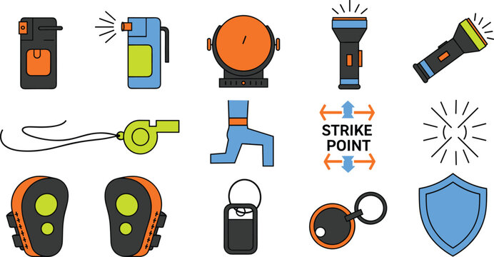 Self Defense and Safety Equipment Collection with Pepper Spray Whistle Flashlight Shield Alarm Gloves and Protection Tools Flat Vector Illustration