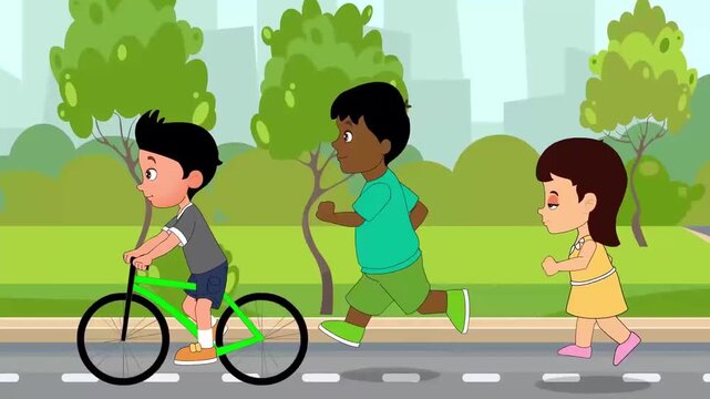 Kids playing outdoors with bicycle and running animation, childhood activity 