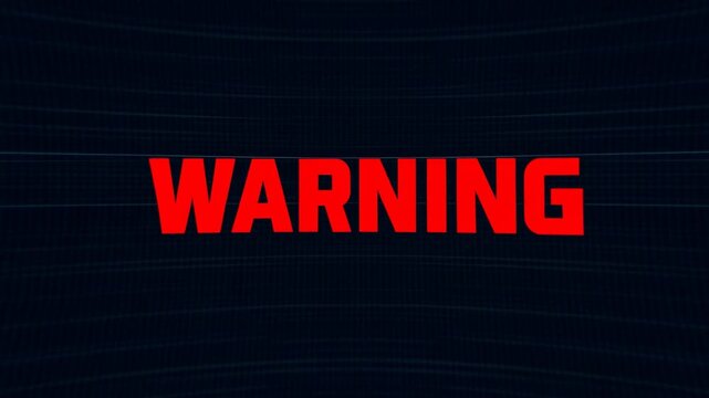 Static shot of red warning text glitching and sliding horizontally across dark digital grid background with subtle warped scan lines and flicker effect