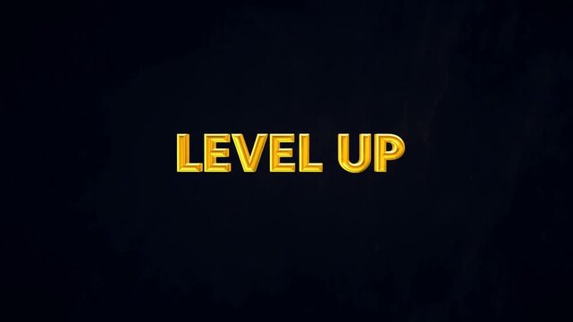 Slow zoom animated reveal of gold level up text emerging and brightening in dark cosmic nebula background centered typographic logo animation for game interface