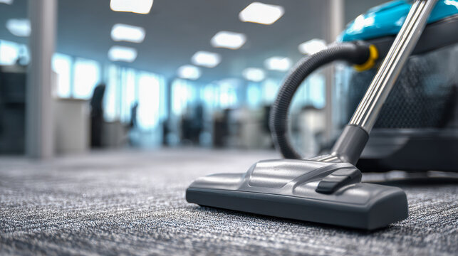 Vacuum cleaner head cleaning a carpeted floor in a modern office space with natural light and blurred background showing desks and windows