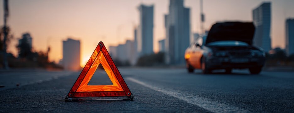 Emergency warning triangle sign on road next to broken down car  
