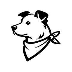 Logotipo tienda de mascotas. Dibujo sencillo con líneas de la cabeza de un perro simpático visto de perfil con pañuelo en el cuello  © teracreonte