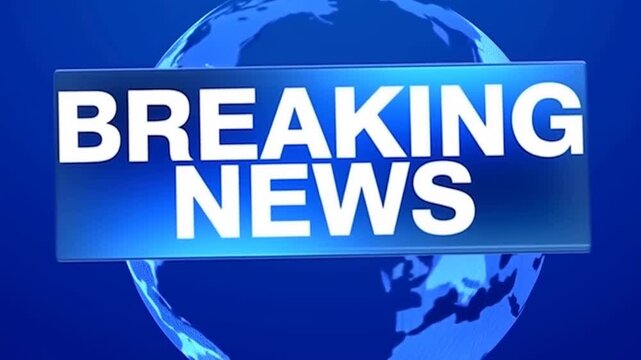 Panning and zooming shot of breaking news banner sliding over rotating globe in blue virtual newsroom backdrop with glossy illuminated headline panel and dramatic live alert presentation