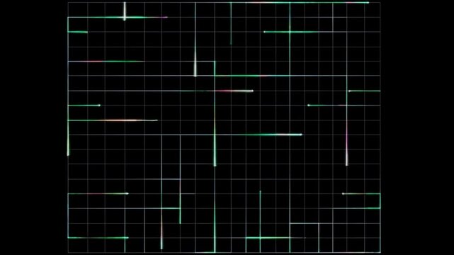 Static shot of glowing neon lines falling and sliding across grid background in dark digital studio with vertical and horizontal motion
