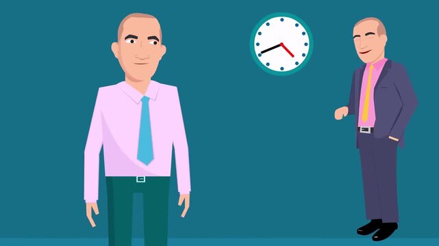 Businessman standing with clock animation, time management and professional punctuality concept