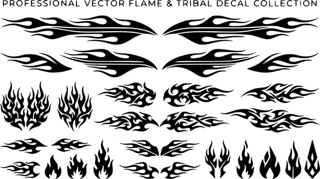 Professional Racing Flame Decals - Tribal Fire Silhouettes for Custom Cars and Motorcycles Vector Set