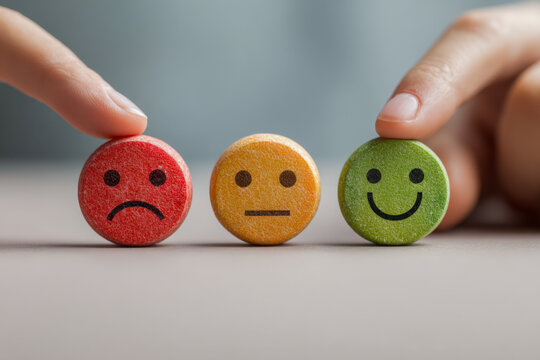 Human fingers selecting colored round wooden tokens with sad, neutral, and happy face icons representing different emotions on a neutral background