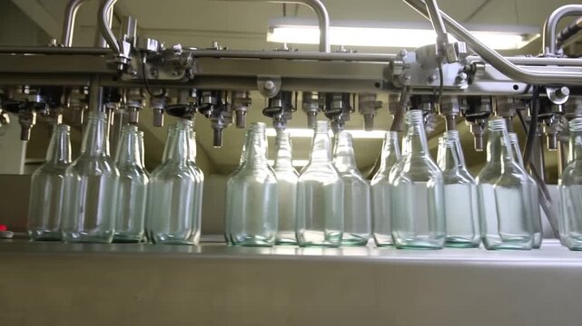 Tracking shot of glass bottles moving through filling machine on production line inside industrial factory interior