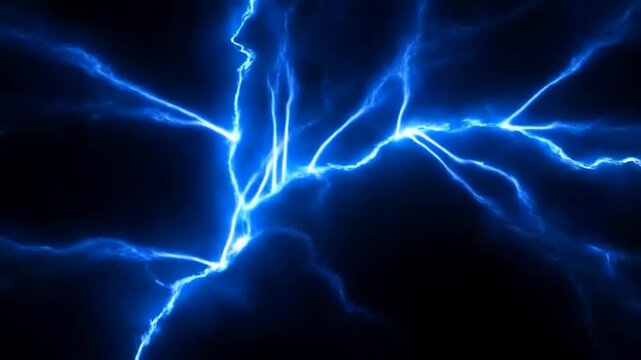 Slow motion static view of electric arcs pulsing and branching across dark blue background with glowing lightning energy and plasma bolts