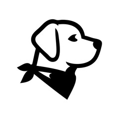 Logotipo tienda de mascotas. Dibujo sencillo con líneas de la cabeza de un perro simpático visto de perfil con pañuelo en el cuello © teracreonte