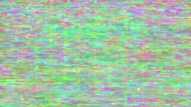 Static shot of colorful digital glitch with horizontal scan lines shifting across triptych screen display pastel noise texture shimmering electronic background