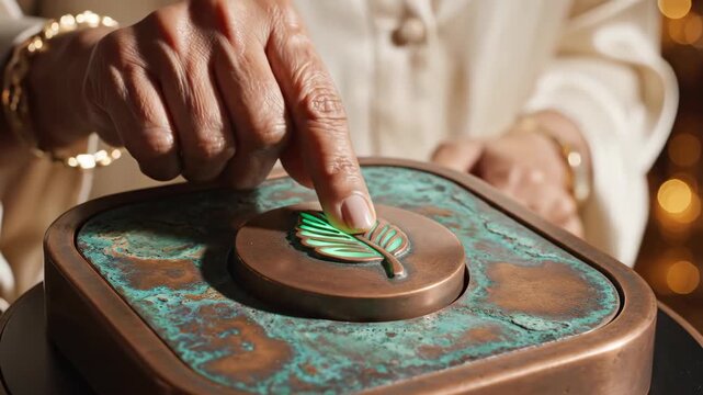 A hand presses a futuristic leaf button that illuminates with green light. Activating a sustainable eco-friendly system. Green technology and innovation concept