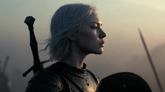 Female warrior in armor in realistic style on a misty battlefield background, concept of courage and determination