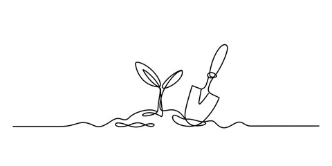 Continuous line drawing of a small seedling sprout and garden trowel in soil on white background © Ratna Art_Gallery