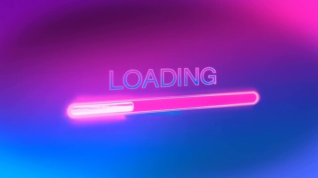 Static shot of neon loading progress bar filling left to right against pink and blue gradient background with glowing loading text