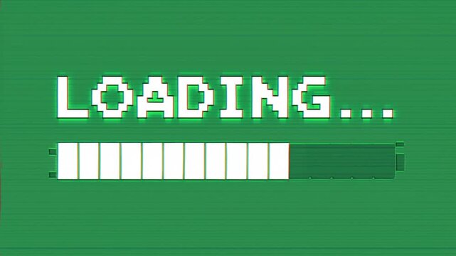 Static time lapse of pixel loading progress bar filling across retro green interface screen display on old computer monitor with blocky white typography