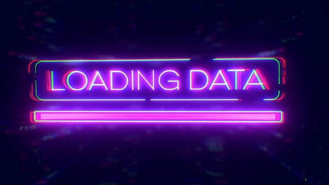 Tracking shot of neon loading data progress bar glitching and pulsing on dark virtual screen in cyberpunk interface with slow camera movement