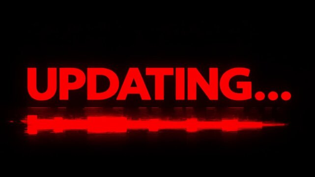 Static shot of updating text with glitching progress bar and flickering red display on black digital screen animated loading interface