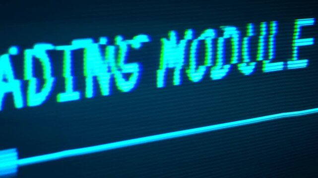 Slow zoomin of computer screen text 'loading module' with moving progress bar and glitch artifacts, cyan glow and scanlines, closeup on digital terminal interface