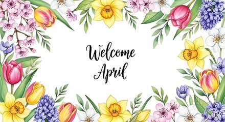 Fototapeta premium Vibrant April welcome floral wreath with spring flowers and handwritten text
