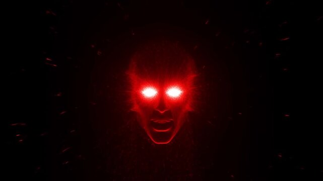 Tracking shot zooming in on glowing red face with blinding eyes emerging from dark void against black background