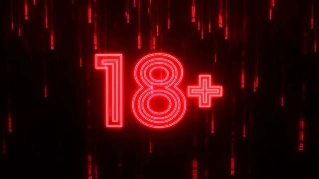 Slow zoom in on glowing neon 18+ sign emerging amid falling red digital rain on black cyberpunk background at night