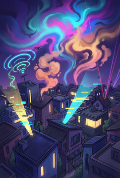 Colorful Neon Cyberpunk Sky Over Urban Neighborhood, Futuristic Cityscape Digital Painting Illustration