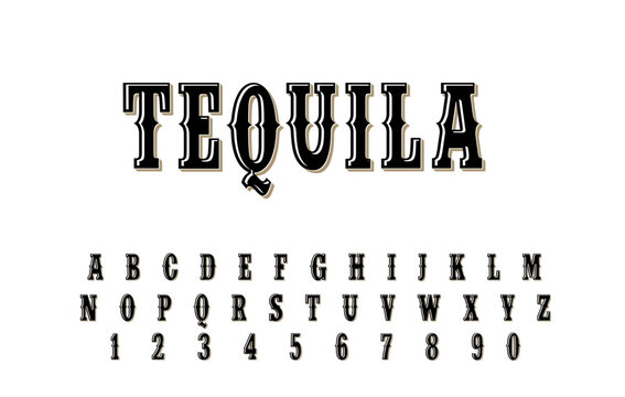 Tequila Western Vintage Alphabet Font Set - Decorative Retro Typography with Ornate Letters and Numbers on White Background