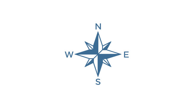 Blue compass rose graphic indicating directions for navigation and orientation.