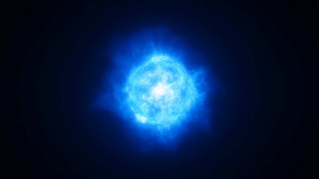 Zoom in dolly shot of glowing blue energy sphere expanding and pulsating in deep space void with luminous plasma and radiating particles