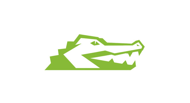 Green geometric crocodile head logo design on a white background.