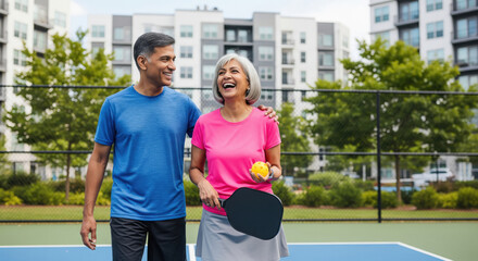 Naklejka na ściany i meble A happy senior couple enjoying an active game together on a sports court, promoting fitness and companionship.