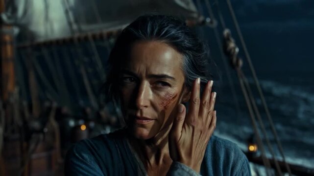 Portrait of woman on boat in cinematic photo style against dark ocean background, concept of resilience and journey