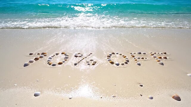 Ocean Wave Reveals &ldquo;70% OFF&rdquo; Discount Message Made of Seashell Letters on Sunny Beach