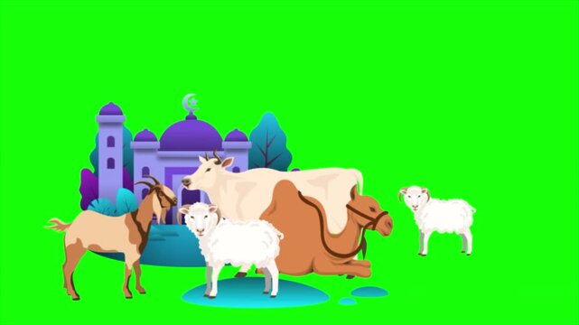 Colorful vector illustration of diverse farm animals gathered near a majestic mosque landmark