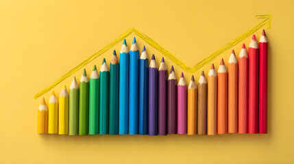 Obraz premium Colorful pencils arranged in a graph shape on a vibrant yellow background with copy space